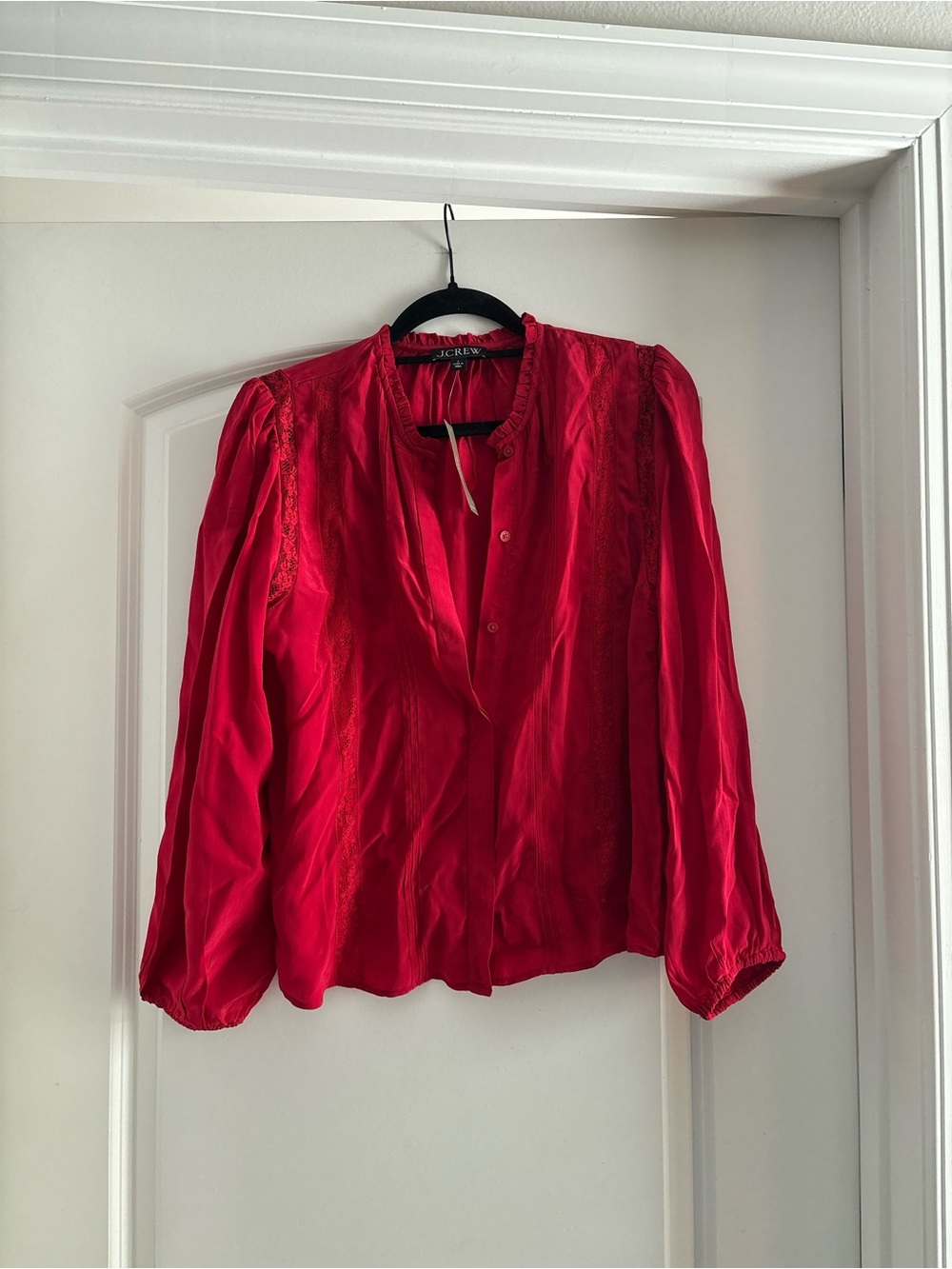 J. Crew Red Lace-Trim Button-Up Blouse